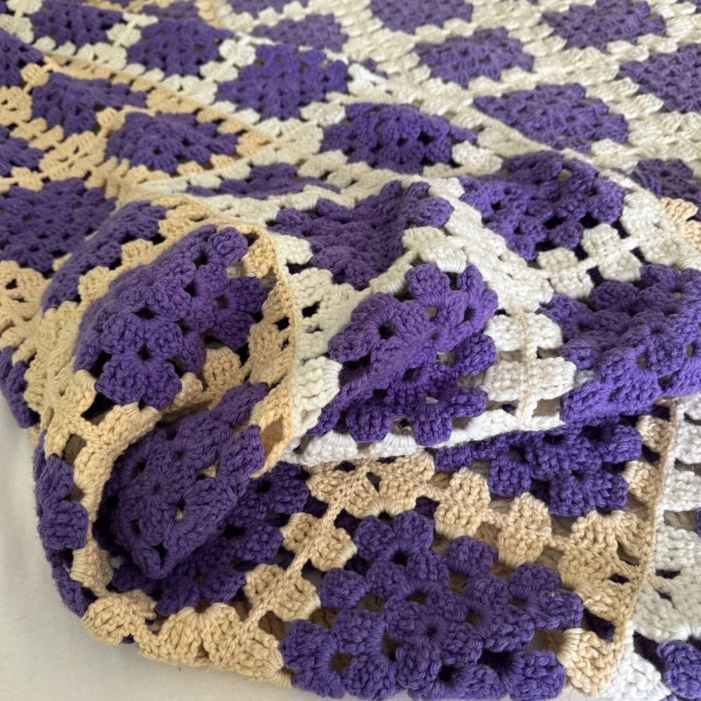 Vintage Handmade Crochet Granny Square Blanket Purple Cream Tassel Fringe King